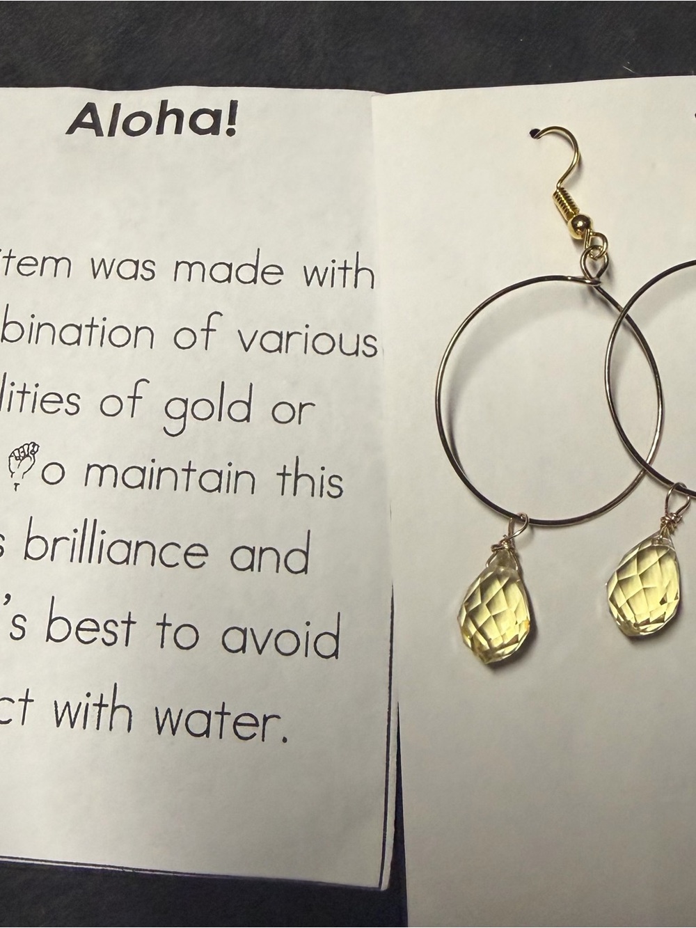 Gold Hoop Earrings with Pale Yellow Teardrop Crystals